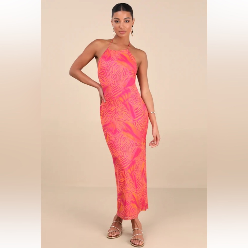 NEW Lulus Camadi Hot Pink Animal Print Mesh Backless Midi Dress